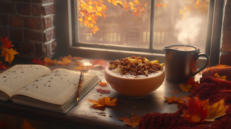 Warm autumn themed breakfast scene featuring a smoothie bowl, coffee, an open book, and colorful fall leaves on a windowsillの素材