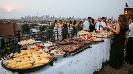 Catered barbecue party on urban rooftop with guests enjoying food and drinks at sunset with New York City skyline in backgroundの素材