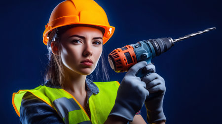 Young woman construction worker wearing safety helmet and vest holding a drilling machine on blue backgroundの素材