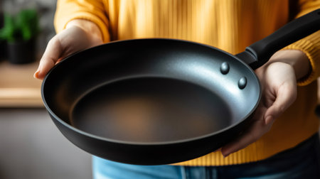 Chef showing a new nonstick frying pan in a modern kitchenの素材