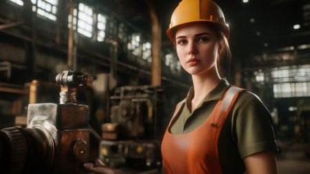 Female engineer working in a heavy industry factory operating a machineの素材