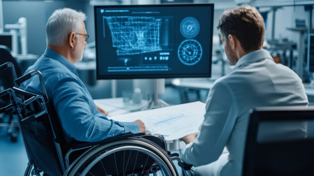 Two male engineers examining blueprints and a digital model displayed on a computer screen, one of them using a wheelchair, showcasing accessibility in the workplaceの素材