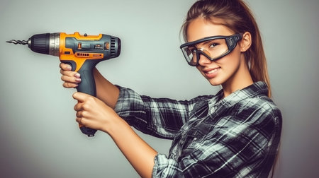 Young woman wearing safety glasses holding a cordless drill, smiling and looking confidentの素材