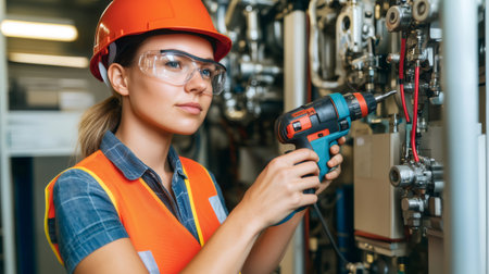 Female engineer wearing safety glasses and hardhat using cordless drill while working on complex machinery in industrial settingの素材