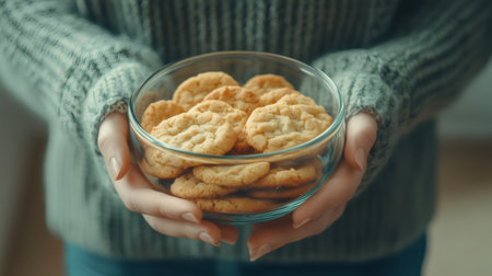 Woman wearing a cozy sweater holding a glass jar full of delicious homemade cookiesの素材