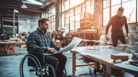 Two male architects working together in a brightly lit design studio, reviewing blueprints and a scale model of a cityの素材