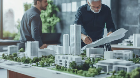 Senior architect in a wheelchair reviewing blueprints in front of a scale model city, showcasing accessibility and urban planningの素材