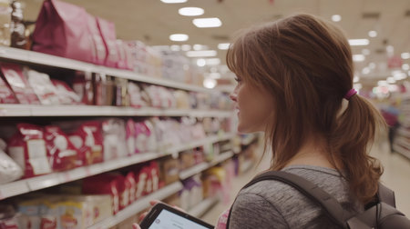 Customer using a digital shopping list on a tablet while comparing products in a supermarket aisleの素材