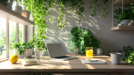 Cozy and productive workspace with laptop, stationery, and refreshing drinks amidst abundant plants, illuminated by sunlightの素材