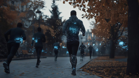 Group of athletes running in the park wearing sportswear with futuristic glowing digital details, showcasing the integration of technology in fitnessの素材