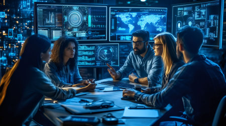 Computer engineers working together in a dimly lit monitoring room, analyzing data on multiple screensの素材