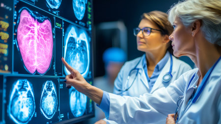 Doctors examining mammogram results on a monitor in a hospital settingの素材