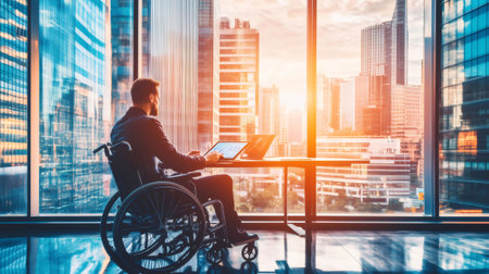 Businessman using wheelchair working on laptop in high rise corporate office with panoramic city view at sunsetの素材