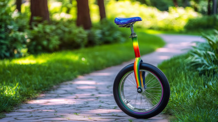 Colorful unicycle standing on a paved path in a lush green park, embodying fun and outdoor recreationの素材