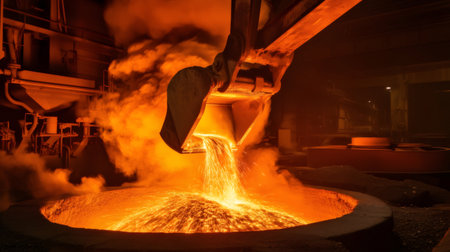 Excavator bucket pouring molten metal in steel mill at night, sparks and smoke filling the airの素材