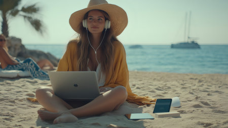 Freelancer working on laptop and listening to music with headphones while sitting on the sand by the seaの素材