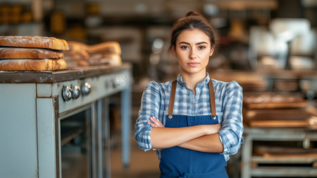 Portrait of young female baker standing with arms crossed in bakeryの素材