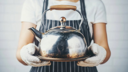 Waitress wearing gloves and apron is holding a vintage tea kettle with a wooden handleの素材