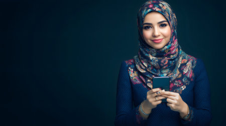 Studio portrait of smiling muslim businesswoman holding smartphone, wearing hijab and traditional dressの素材