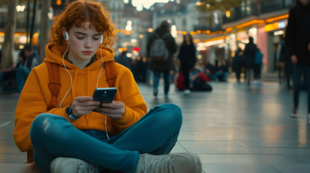 Redhead student girl using mobile phone and listening music with earphones while sitting in a urban city centerの素材