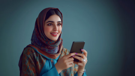Portrait of a smiling young woman wearing a colorful hijab using a smartphone on a teal backgroundの素材