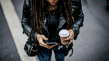 Young woman with braids wearing black leather jacket using mobile phone and holding disposable coffee cup while walking in the cityの素材
