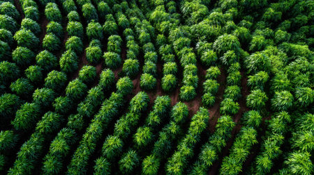 Rows of healthy cannabis plants stretch across the landscape, thriving in the sunlight. The vibrant greenery showcases a successful agricultural setup, emphasizing growth and abundance.の素材