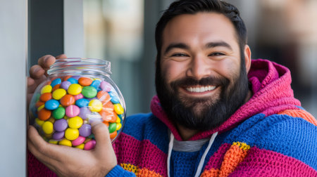 Portrait of a cheerful young man holding a glass jar full of colorful candies, smiling and expressing happinessの素材