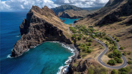 A breathtaking high-angle perspective showcases a dramatic coastline with steep cliffs and turquoise waters.の素材