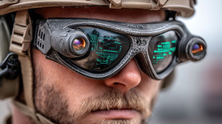 A soldier with a beard focuses intently while wearing tactical goggles that feature an augmented reality display.の素材