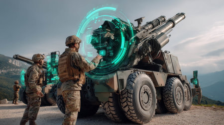 Soldiers engage with high-tech artillery systems during a training exercise in a mountainous area.の素材