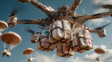 Drones equipped with cargo bags are seen flying through a clear sky, delivering essential supplies such as food and medical resources to a remote location during daytime.の素材