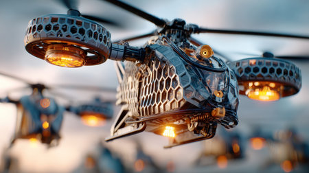 A fleet of cutting-edge drones equipped with innovative designs hovers in the air, illuminated by bright LED lights as they perform synchronized maneuvers against a twilight backdrop.の素材