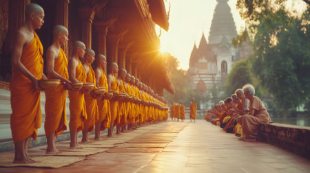 Buddhist monks standing in line in Luang Prabang, Laos, receiving alms from devotees at sunriseの素材