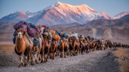 A long line of camels transports colorful packs across a rugged mountain trail at dawn, with snow-capped peaks bathed in the soft light of early morning.の素材