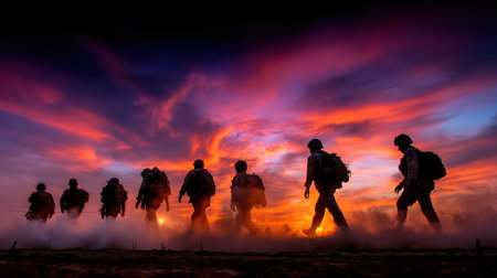 Soldiers in military gear walk in formation against a vibrant sunset, their silhouettes contrasting with the colorful sky. The atmosphere radiates strength and unity.の素材