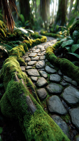 A winding stone pathway emerges in a peaceful forest, enveloped by verdant moss and surrounded by vibrant greenery. Morning light filters through the trees, enhancing the tranquil atmosphere.の素材