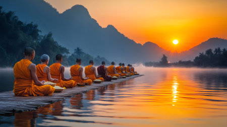 Buddhist monks sitting on a wooden pier over the river, meditating at sunrise in Luang Prabang, Laosの素材