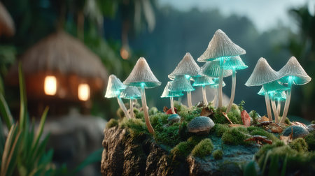 In a tranquil tropical forest, an array of bioluminescent mushrooms casts a soft glow on moss-covered stones. A rustic hut peeks through lush greenery during the early evening.の素材