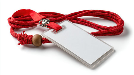 A red lanyard holds a blank identification card, suitable for use at conferences, workshops, or events. The card is easily customizable for attendees and can display names or roles.の素材