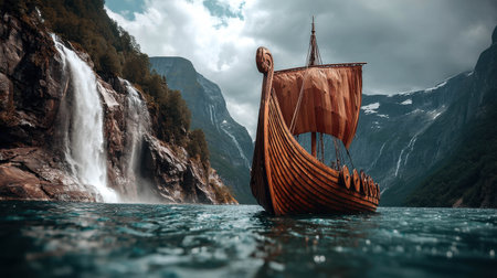A Viking ship glides through the serene waters of a fjord, flanked by majestic cliffs and cascading waterfalls under a cloudy sky. Nature's beauty surrounds this historic vessel.の素材