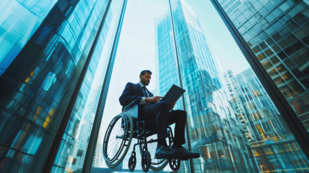Businessman in wheelchair working with laptop in modern office buildingの素材