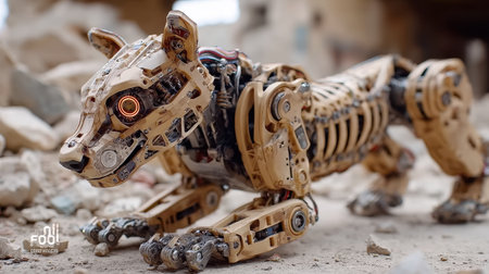 A robotic dog with a detailed mechanical structure is shown crawling through a desolate area. Its glowing eyes suggest advanced technology, while the surrounding debris hints at abandonment.の素材
