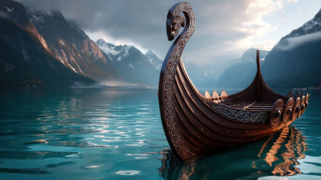 A beautifully crafted Viking ship drifts calmly on clear, turquoise waters, framed by towering mountains and warm colors of sunset illuminating the sky.の素材