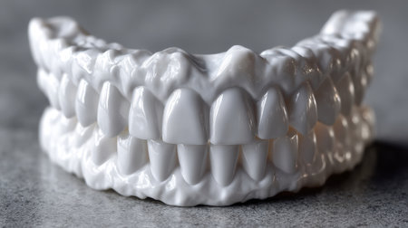 A detailed dental model displays a perfect arrangement of teeth, showcasing various shapes and sizes. This model is used in a dental clinic for demonstration during patient consultations.の素材