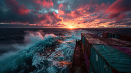 A cargo ship navigates the open ocean as the sun sets, casting a spectacular array of colors in the sky. Waves crash against the vessel, creating a dynamic scene filled with movement and beauty.の素材