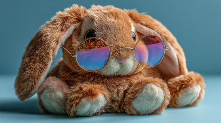 A cute plush bunny sits on a light blue surface, accessorized with round, colorful sunglasses. Its soft fur adds charm to the cheerful atmosphere, making it perfect for a delightful display.の素材