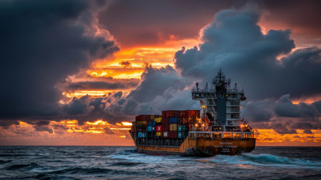 A cargo ship sails through the ocean's waves as a vibrant sunset paints the sky with brilliant hues. The clouds add texture to the dramatic view, showcasing the beauty of maritime transport.の素材