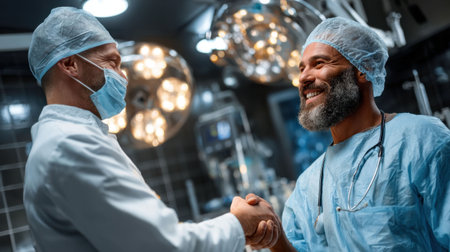 Two healthcare workers are smiling and shaking hands in a state-of-the-art surgical room. Their teamwork reflects accomplishment and collaboration in patient care.の素材