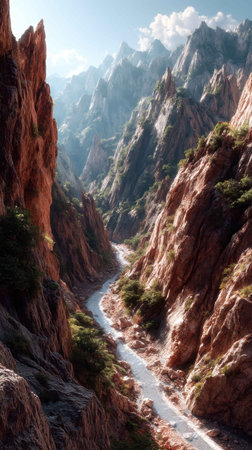 A tranquil river meanders through steep, rugged mountain terrain, surrounded by lush vegetation and dramatic rock formations under a bright, clear sky.の素材